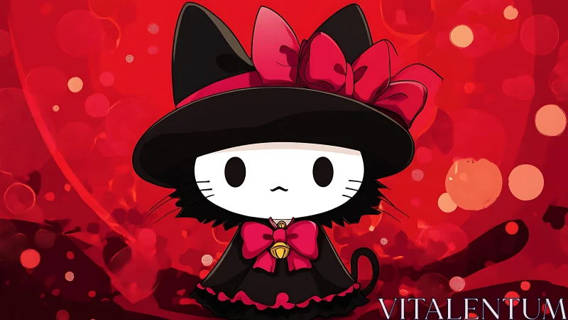 Cartoon cat in black witch outfit on red bokeh backdrop.