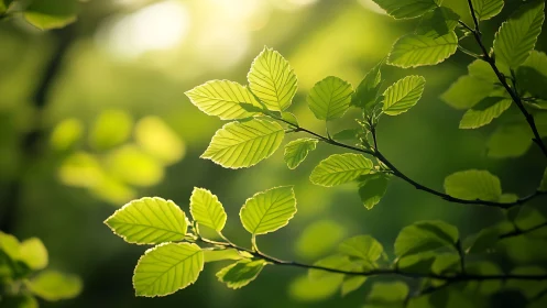 Sunlit green leaves on branch in natural soft-focus style.