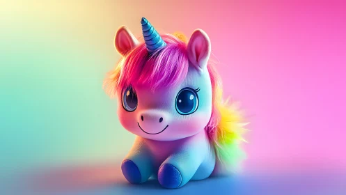 Rainbow plush unicorn in dreamy pastel glow.