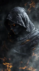 Hooded skeletal wraith rendered with volumetric fire and smoke