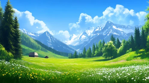 High-saturation alpine meadow with snowcapped range and cabins under clear sky