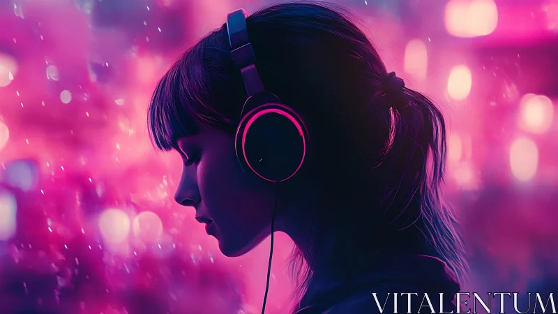 Silhouetted girl with headphones listens in neon city glow