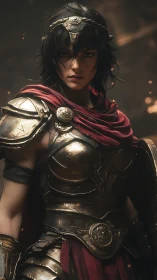 Warrior queen in burnished bronze armor and scarlet cloak.