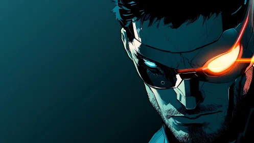 Neon-eyed cyborg studies the dark horizon in simmering focus