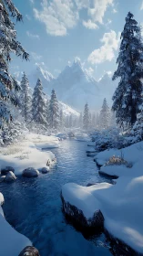 Snow covered river valley beneath distant mountain peaks.