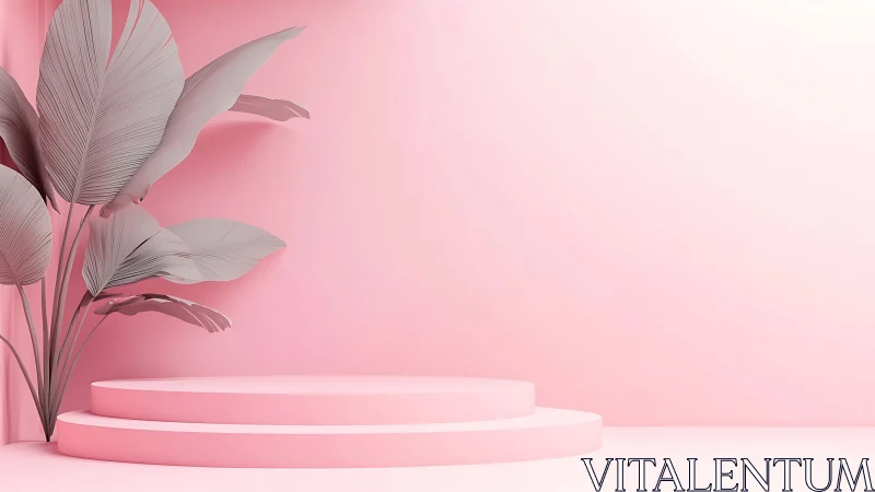 Pink minimalist podium with tropical leaves awaits product