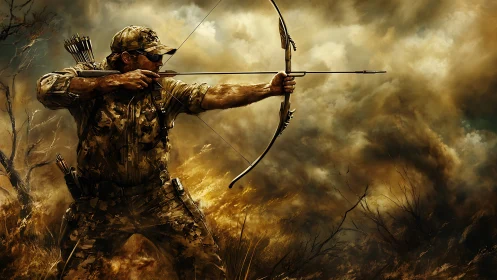 Camouflaged tactical archer drawing compound bow in storm haze