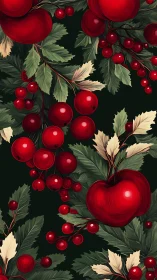 Red apples and berries with variegated foliage on dark ground