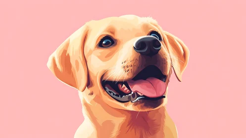 Yellow dog portrait against flat pink background illustration.