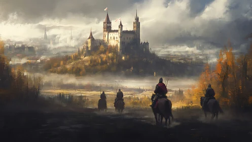 Medieval cavalry approach mist-shrouded hilltop fortress.