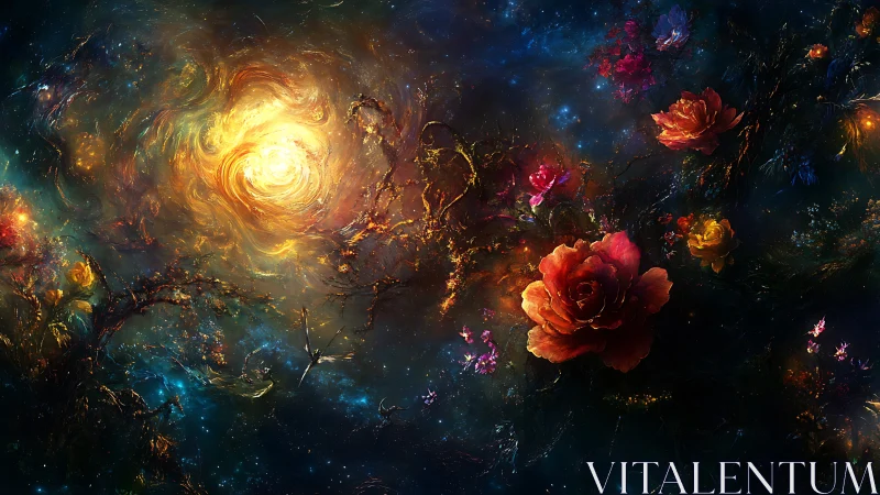 Galactic nebula swirling around vivid cosmic roses.