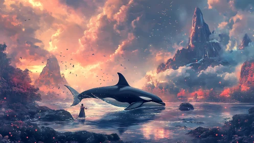 Orca glides through ethereal bay under flaming twilight sky