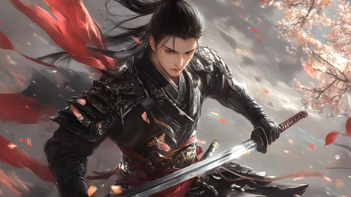 Armored swordsman amid turbulent petals in dynamic motion field.