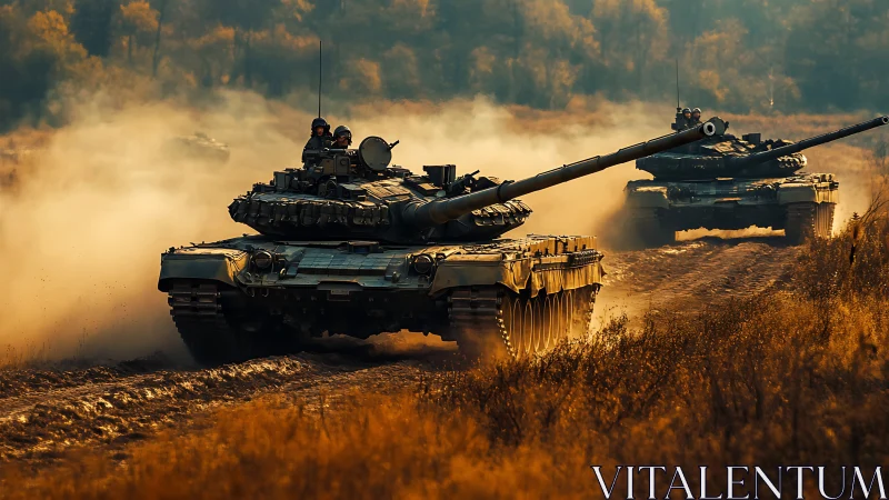 Armored battle tanks advance through dust in golden light