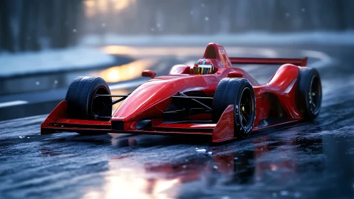 Red open-wheel race car drives on wet winter racetrack