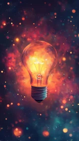 Digital painting of luminous lightbulb in cosmic bokeh field.
