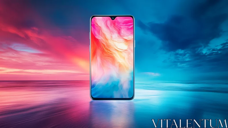 Smartphone device with vibrant gradient display against pink and blue background