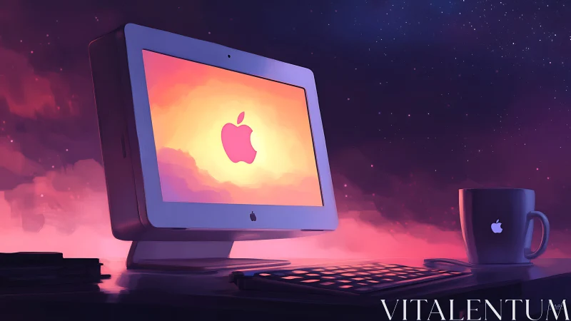 Apple desktop glows against cosmic sky in digital workspace