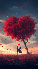 Silhouetted couple beneath crimson heart-shaped tree at sunset