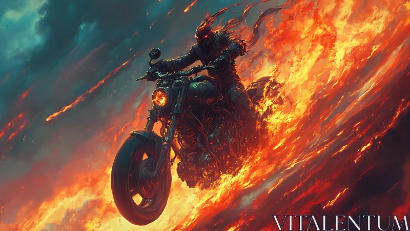 Flaming skeletal rider on motorcycle in storm of fire.