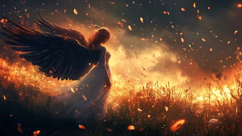Winged female figure in burning field with floating embers.