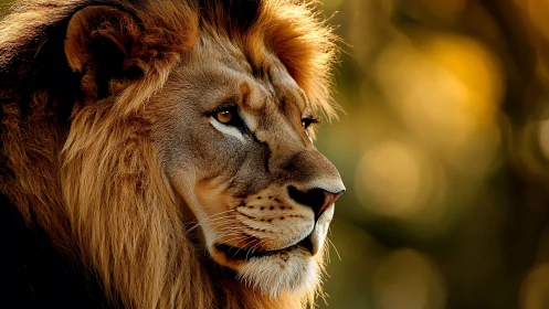 Regal lion gazes into warm bokeh light of golden dusk