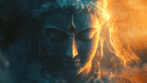 Cosmic stone deity dreaming between fire and starlit dusk.