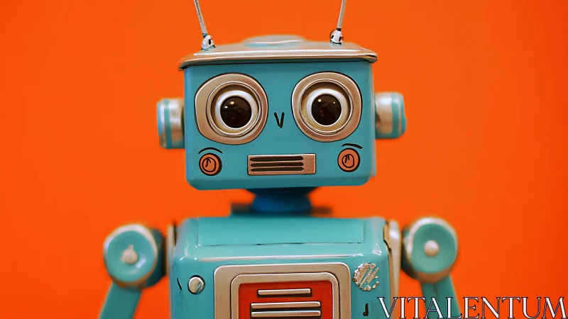 Playful teal toy robot stands against vivid orange backdrop