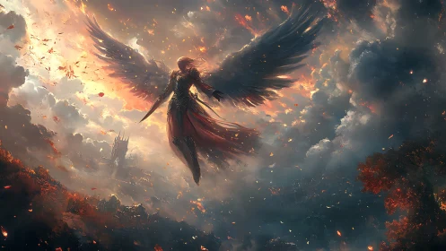 Armored seraphic warrior descending through burning storm clouds