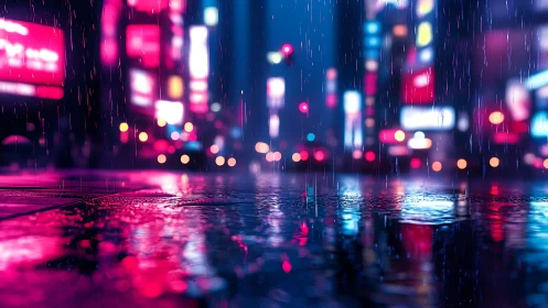 Neon rainstage where city lights waltz on wet pavements.