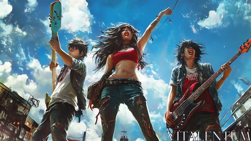 Joyful rooftop rock band under a wide, electric blue sky.