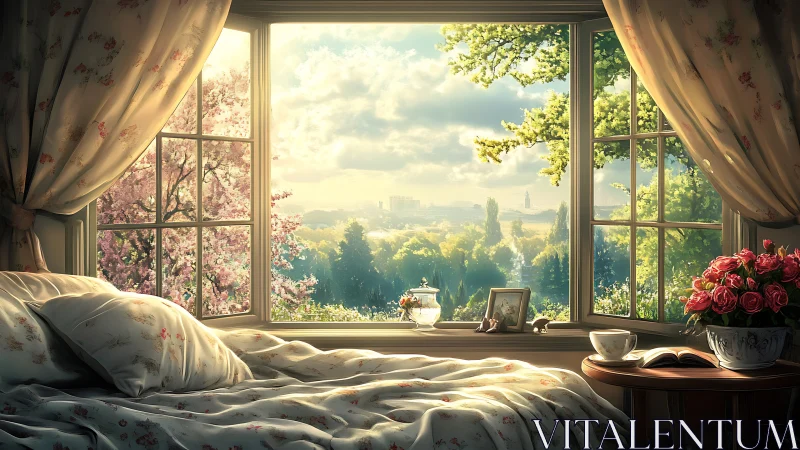 Sunlit floral bedroom window framing panoramic spring vista.