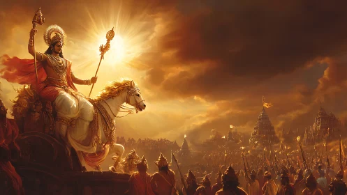 Epic digital painting of divine warrior leading golden battlefield.