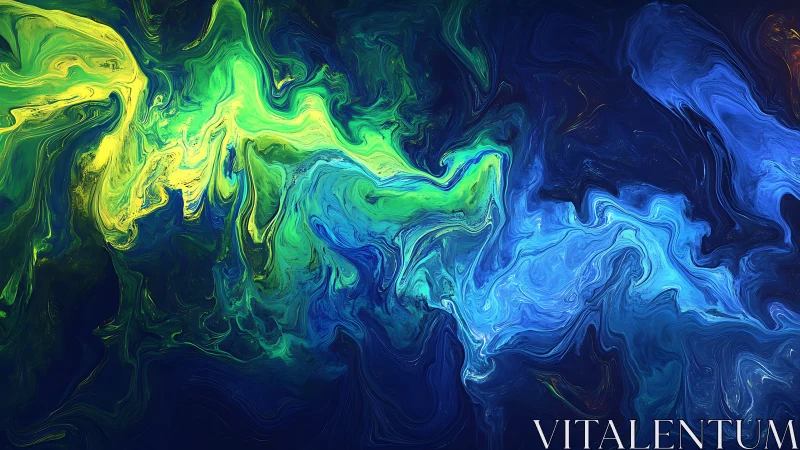 Digital painting of flowing neon pigment currents on dark field.