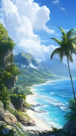 Tropical Coastal Landscape with Mountain and Palm Trees