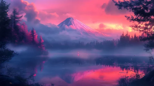 Snowy mountain rises over misty lake under vivid sunset