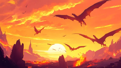 Dragons over volcanic canyon at sunset in orange sky.