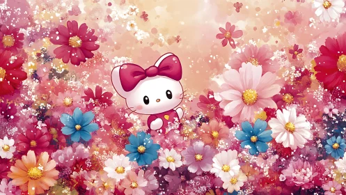 Cute white cartoon kitten surrounded by bright spring flowers.