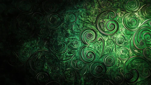 Emerald metallic swirls form intricate abstract relief pattern.
