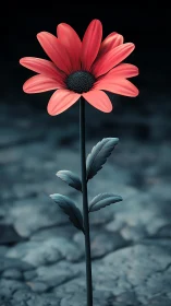 Single red daisy rendered with shallow depth and cool bokeh field
