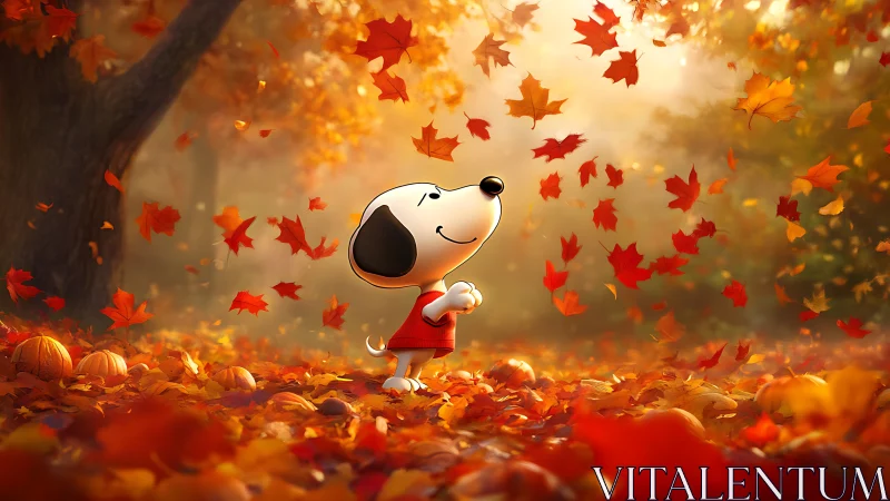 Cartoon dog delightfully strolling through glowing autumn leaves.