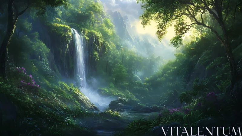 Enchanted Forest Waterfall with Mystical Light.