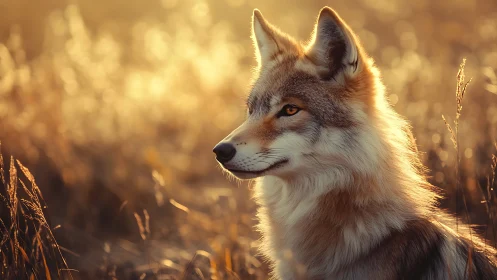 Wild canid profile in sunlit grassland habitat at dusk.
