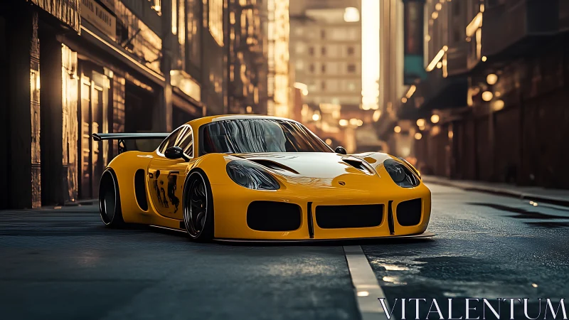 Low-slung yellow GT race car in cinematic urban golden hour