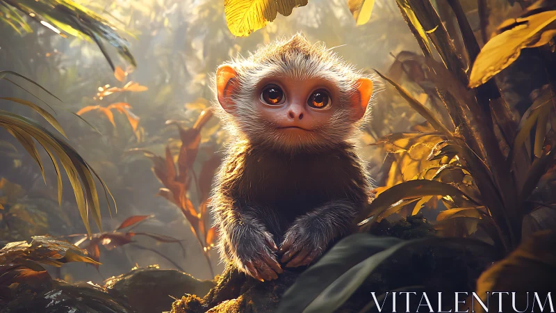 Wide-eyed baby monkey rests on mossy jungle floor