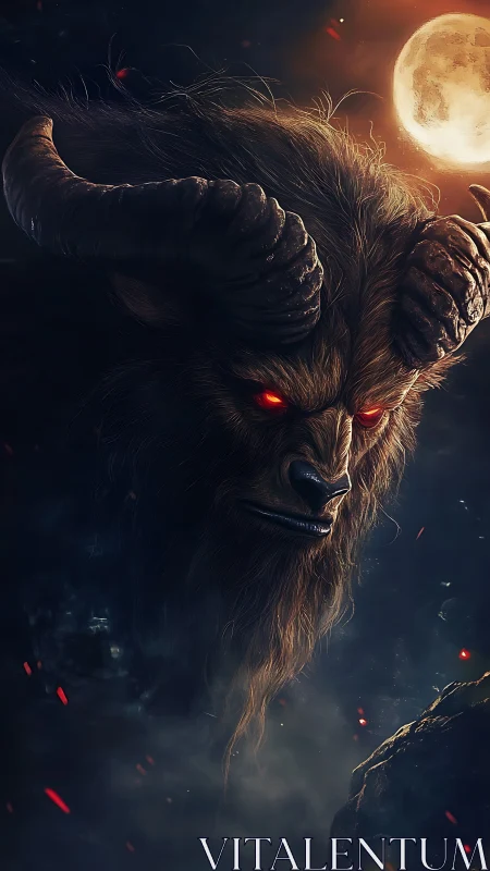 Lunar-illuminated demonic ram visage with volumetric embers.