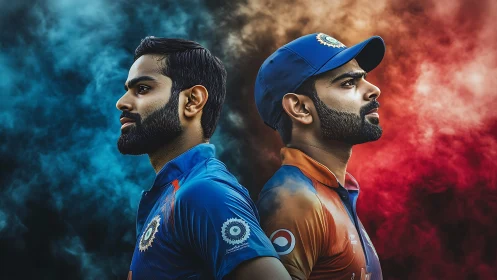 Two digitally rendered cricket players stand back to back