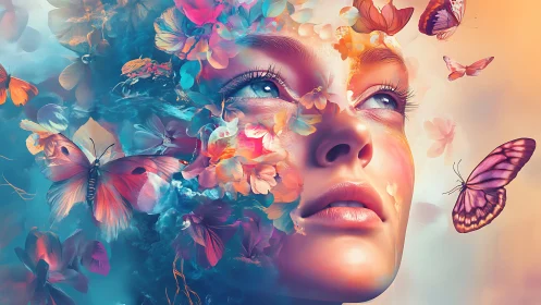 Dreamy butterfly muse wrapped in glowing pastel blooms.