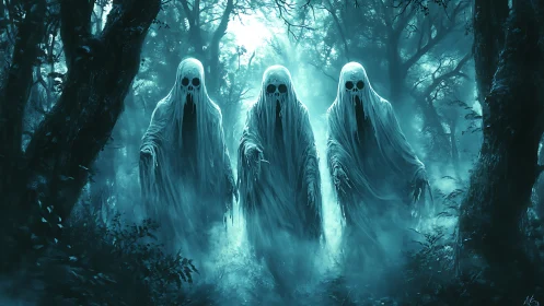 Spectral trio drifting through a mist-choked haunted forest.