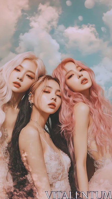 Ethereal triptych portrait in pastel celestial ambience.